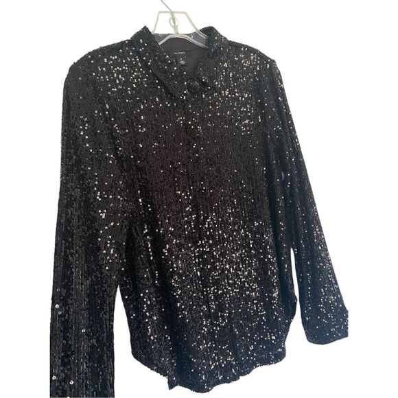 Halogen Dark Black Sequin Button Down Shirt Sz M - Picture 4 of 11